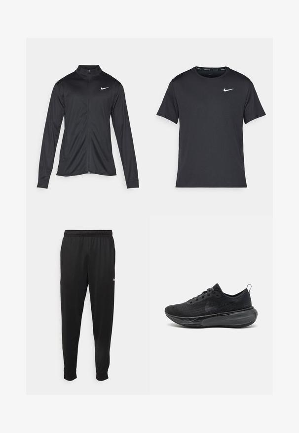 Must värvi sportlik jakk pikkade varrukatega, krae ja täispikk tõmblukk. Ülemises vasakus rinnas on diskreetne valge Nike logo. Sile tekstuur.; Mustamust Nike'i jooksupaita, mis on valmistatud kergest ja hingavast materjalist, lühikeste varrukatega ja mille rinnal on väike valge logo.; Mustad mustekad athletic-püksid sujuvast kangast, elastse vöökoha, kitsenevate jalgade ja väikese valge logoga vasakul küljel.; Must have mustaned jooksusaapad, millel on tekstuuriga kudum peal, lame paelad ja paks pehmendusega tallad. Tagumises otsas on lihtsaks kandmiseks silmus.