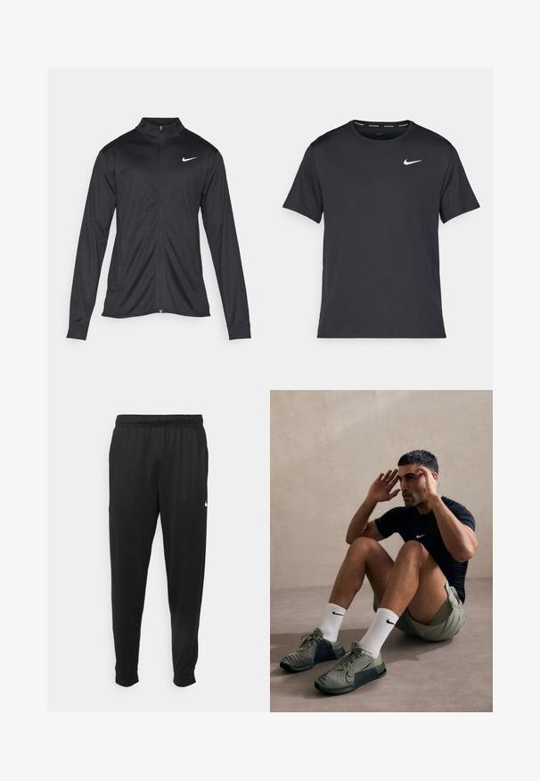 Fekete sportdzseki hosszú ujjal, gallérral és teljes cipzárral. Diszkrét fehér Nike logóval az upper bal mellen. Sima textúra.; Fekete Nike futó póló, könnyű, légáteresztő anyagból készült, rövid ujjú, és a mellkasán egy kicsi fehér logó található.; Fekete sportos nadrág sima anyagból, rugalmas derékkal, szűkülő lábakkal és egy kis fehér logóval a bal oldalon.; Olívazöld, könnyű sportcipők texturált hálós felsőrésszel, fekete részletekkel és látható fűzéssel. Fehér zoknival és nadrággal viselik.