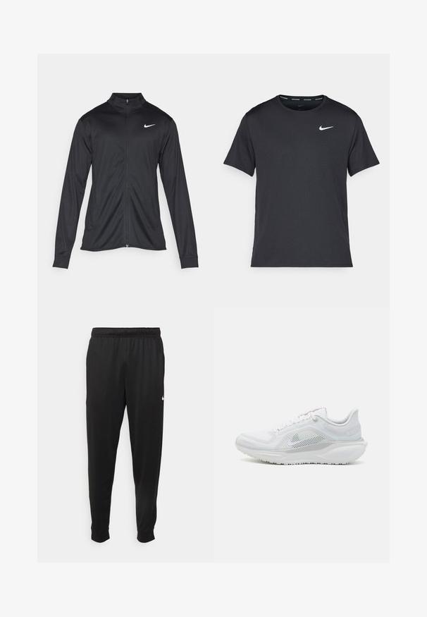 Giacca sportiva nera con maniche lunghe, colletto e zip completa. Presenta un logo Nike in bianco sulla parte superiore del lato sinistro del petto. Tessuto morbido.; Maglietta da corsa Nike nera realizzata in materiale leggero e traspirante, con maniche corte e un piccolo logo bianco sul petto.; Pantaloni sportivi neri realizzati in tessuto liscio, con una vita elastica, gambe affusolate e un piccolo logo bianco sul lato sinistro.; Scarpa da ginnastica bianca con tomaia in rete, accenti grigi e suola testurizzata. Presenta lacci rotondi e un intersuola imbottita per il supporto.