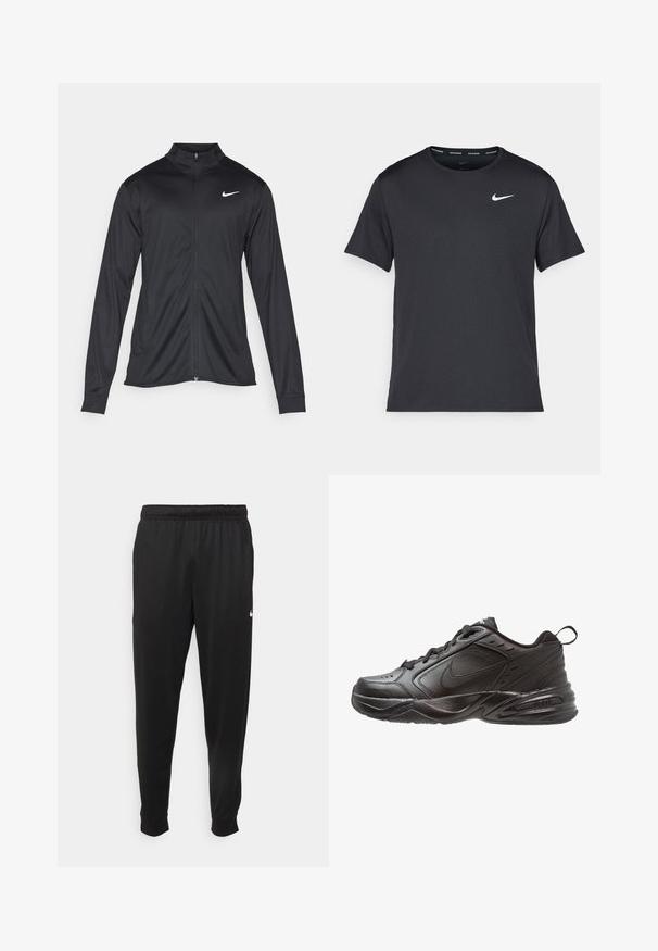 Jacket desportivo preto com mangas longas, colarinho e fecho zip completo. Apresenta um discreto logotipo da Nike em branco na parte superior do lado esquerdo do peito. Textura suave.; T-shirt de corrida Nike preto, feito de material leve e respirável, com mangas curtas e um pequeno logo branco no peito.; Calças de desporto pretas feitas de tecido suave, com uma cintura elástica, pernas ajustadas e um pequeno logo branco no lado esquerdo.; Sapatilha atlética preta com parte superior em couro e malha. Apresenta bico redondo, fecho de cordões, colarinho acolchoado e sola texturizada para tração.