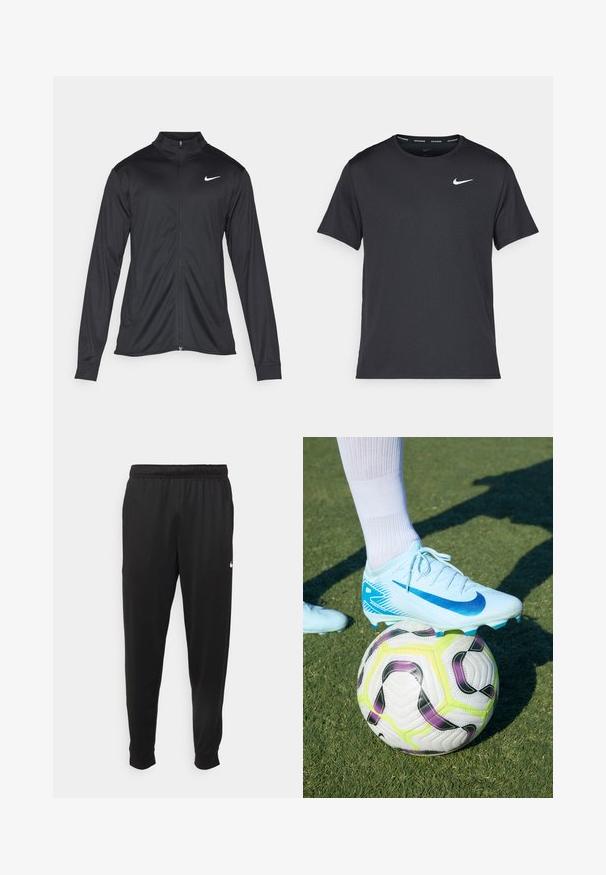 Čierna športová bunda s dlhými rukávmi, golierom a plným zipsom. Obsahuje nenápadné logo Nike v bielej farbe na hornej ľavej hrudi. Hladká textúra.; Čierne bežecké tričko Nike vyrobené z ľahkého a priedušného materiálu, s krátkymi rukávmi a malým bielym logom na hrudi.; Čierne športové nohavice z hladkej tkaniny, s elastickým pásom, zužujúcimi sa nohavicami a malým bielym logom na ľavej strane.; Svetlomodré futbalové kopačky Nike s modrým vzorom Swoosh, odpočíva na viacfarebnej futbalovej lopte s akcentmi zelenej, fialovej a čiernej farby.