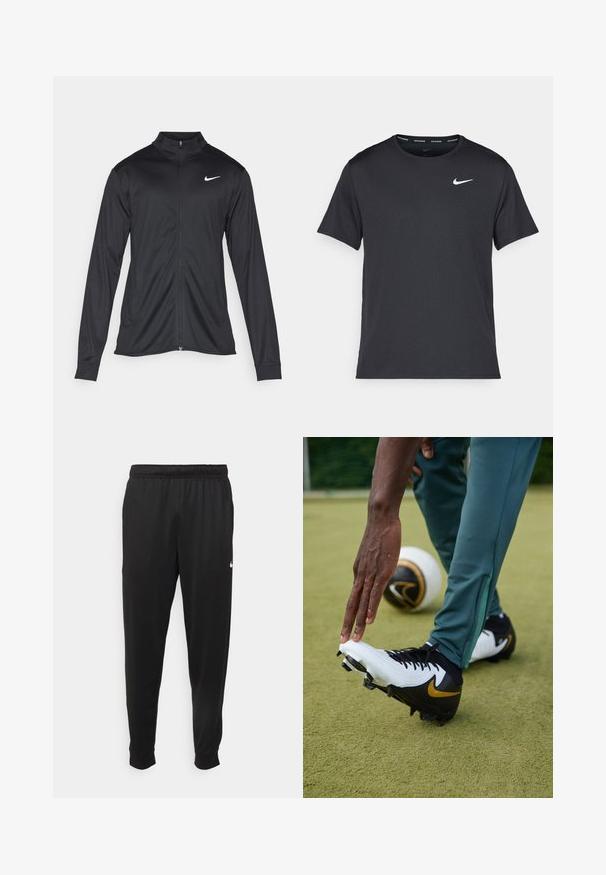 Fekete sportdzseki hosszú ujjal, gallérral és teljes cipzárral. Diszkrét fehér Nike logóval az upper bal mellen. Sima textúra.; Fekete Nike futó póló, könnyű, légáteresztő anyagból készült, rövid ujjú, és a mellkasán egy kicsi fehér logó található.; Fekete sportos nadrág sima anyagból, rugalmas derékkal, szűkülő lábakkal és egy kis fehér logóval a bal oldalon.; Nike focicipő, fehér és fekete dizájnnal, arany részletekkel, strukturált felülettel és látható tüskékkel, zöld gyepen elhelyezve, mellette egy labda.
