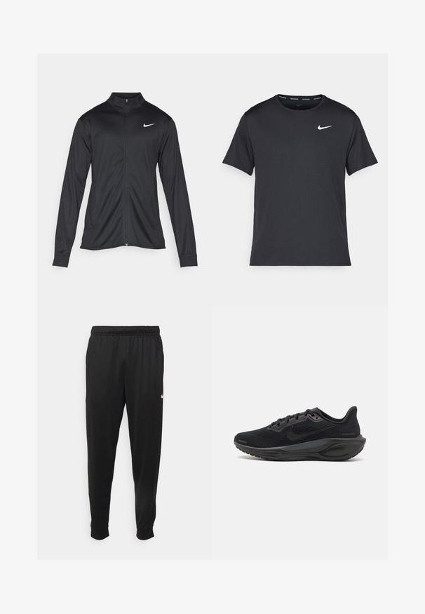 Jachetă sportivă neagră cu mâneci lungi, guler și fermoar complet. Prezintă un logo Nike subtil, alb, pe pieptul din stânga sus. Textură netedă.; Tricou de alergare Nike negru, fabricat dintr-un material ușor și respirabil, cu mâneci scurte și un mic logo alb pe piept.; Pantaloni sportivi negri dintr-o țesătură netedă, cu un elastic la brâu, picioare conice și un mic logo alb pe partea stângă.; Pantof black de sport cu un superior din plasă și eyelet-uri întărite, având o talpă căptușită, un design elegant și accente minime.