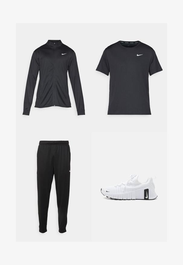 Crna sportska jakna s dugim rukavima, ovratnikom i punim patentnim zatvaračem. Ima suptilan Nike logo u bijeloj boji na gornjem lijevom dijelu prsne oznake. Glatka tekstura.; Crna Nike majica za trčanje napravljena od laganog, prozračnog materijala, s kratkim rukavima i malim bijelim logotipom na prsima.; Crne atletske hlače od glatkog materijala, s elastičnom pasicom, sužavajućim nogavicama i malim bijelim logom na lijevoj strani.; Bijele atletske cipele s teksturiranim gornjim dijelom od tkanine, fleksibilnom potplatom i crnim detaljima. Imaju zaobljen vrh i pojačanu petu.