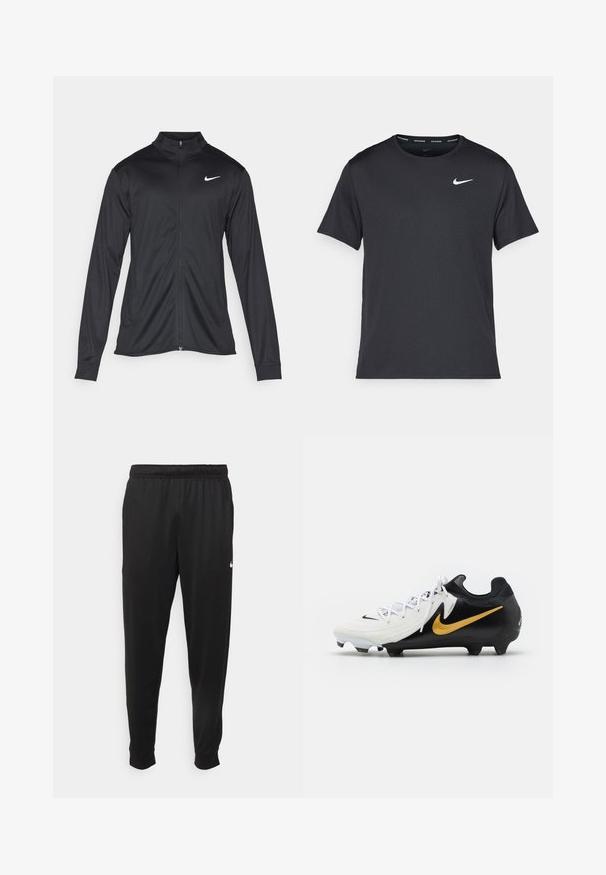 Černá sportovní bunda s dlouhými rukávy, límcem a plným zipem. Má decentní bílou logo značky Nike na horní levé části hrudi. Hladká textura.; Černé běžecké tričko Nike vyrobené z lehkého a prodyšného materiálu, s krátkými rukávy a malým bílým logem na hrudi.; Černé sportovní kalhoty vyrobené z hladké tkaniny, s elastickým pasem, zúženými nohavicemi a malým bílým logem na levé straně.; Fotbalové kopačky Nike s bílým svrchním dílem s texturovanými pruhy, černou patou a podrážkou a zlatým logem swoosh na boku.