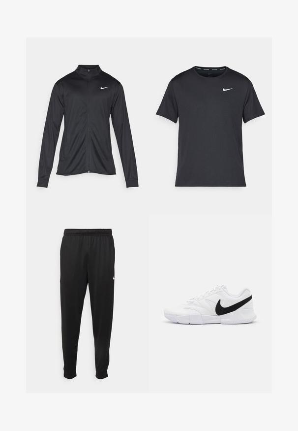 Sort atletisk jakke med lange ærmer, krave og fuld lynlås. Har et diskret Nike-logo i hvidt på den øverste venstre side af brystet. Glat tekstur.; Sort Nike løbe T-shirt lavet af let, åndbart materiale, med korte ærmer og et lille hvidt logo på brystet.; Sorte atletiske bukser lavet af glat stof, med elastisk talje, smalnende ben og et lille hvidt logo på venstre side.; Hvide sportsko med en struktureret overdel, sort Nike swoosh, polstret krave og en solid gummisål med mønstret slidbane.