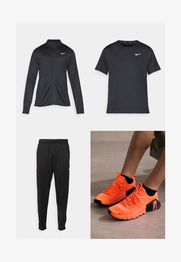 Czarna sportowa kurtka z długimi rękawami, kołnierzem i pełnym zamkiem. Posiada subtelne logo Nike w białym kolorze na lewej górnej części klatki piersiowej. Gładka tekstura.; Czarna koszulka do biegania Nike z lekkiego, oddychającego materiału, z krótkimi rękawami i małym białym logo na piersi.; Czarne sportowe spodnie wykonane z gładkiego materiału, z elastycznym pasem, zwężanymi nogawkami i małym białym logo po lewej stronie.; Pomarańczowe buty sportowe z teksturowanym wierzchem, czarną gumową podeszwą i sznurówkami. Zawierają logo Nike z boku i mają smukły design.