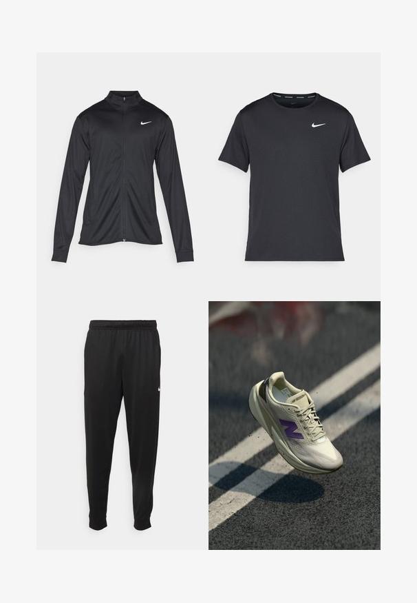 Must värvi sportlik jakk pikkade varrukatega, krae ja täispikk tõmblukk. Ülemises vasakus rinnas on diskreetne valge Nike logo. Sile tekstuur.; Mustamust Nike'i jooksupaita, mis on valmistatud kergest ja hingavast materjalist, lühikeste varrukatega ja mille rinnal on väike valge logo.; Mustad mustekad athletic-püksid sujuvast kangast, elastse vöökoha, kitsenevate jalgade ja väikese valge logoga vasakul küljel.; Hele kreemika värviga jooksujalats, millel on lilla logo. Omab tekstuuriga ülemist osa, nööre ja pehmendatud tallat. Tõstetud disain ja märgatav tõus.