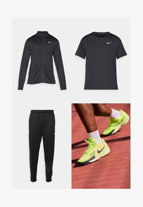 Must värvi sportlik jakk pikkade varrukatega, krae ja täispikk tõmblukk. Ülemises vasakus rinnas on diskreetne valge Nike logo. Sile tekstuur.; Mustamust Nike'i jooksupaita, mis on valmistatud kergest ja hingavast materjalist, lühikeste varrukatega ja mille rinnal on väike valge logo.; Mustad mustekad athletic-püksid sujuvast kangast, elastse vöökoha, kitsenevate jalgade ja väikese valge logoga vasakul küljel.; Neoonkollased Nike spordijalatsid tekstuuriga võrgust pealsega, mustade aktsentidega ja paksu valge tallaga, punase jooksupinna taustal.