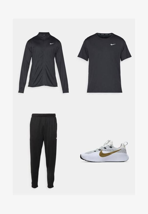 Black athletic jacket with long sleeves, collar, and full zipper. Features a subtle Nike logo in white on the upper left chest. Smooth texture.; Black Nike running T-shirt made of lightweight, breathable material, featuring short sleeves and a small white logo on the chest.; Black athletic pants made of smooth fabric, featuring an elastic waistband, tapered legs, and a small white logo on the left side.; White and gray running shoe with textured upper, large gold Nike swoosh on side, black eyelets, white sole, and pull tab at heel.