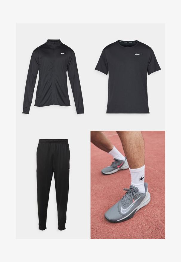 Veste de sport noire à manches longues, avec col et fermeture éclair intégrale. Présente un logo Nike subtil en blanc sur le côté supérieur gauche de la poitrine. Texture lisse.; T-shirt de course noir Nike en matériau léger et respirant, avec des manches courtes et un petit logo blanc sur la poitrine.; Pantalon de sport noir en tissu lisse, avec une taille élastique, des jambes fuselées et un petit logo blanc sur le côté gauche.; Des chaussures de sport grises avec une tige en maille, un logo swoosh blanc et une semelle en caoutchouc noir texturé. Associées à des chaussettes blanches arrivant aux mollets.