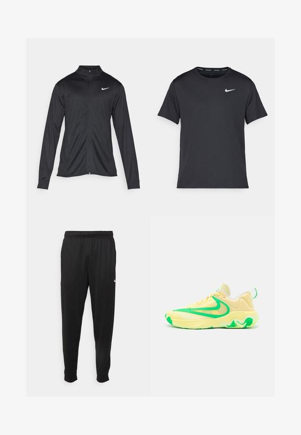 Musta urheilutakki pitkillä hihoilla, kauluksella ja kokonaisella vetoketjulla. Täydentää hienovarainen Nike-logo valkoisena vasemmassa ylärinnassa. Litteä pinta.; Musta Nike juoksupaita, joka on valmistettu kevyestä ja hengittävästä materiaalista. Paidassa on lyhyet hihnat ja pieni valkoinen logo rinnassa.; Mustat urheiluhousut, jotka on valmistettu sileästä kankaasta. Niissä on joustava vyötärö, kapenevat lahkeet ja pieni valkoinen logo vasemmalla puolella.; Keltainen ja vihreä urheilukenkä, jossa on verkkomateriaali ylhäällä, nauhakiinnitys edessä, aaltoileva pohja ja vihreä korostuslogo sivussa.