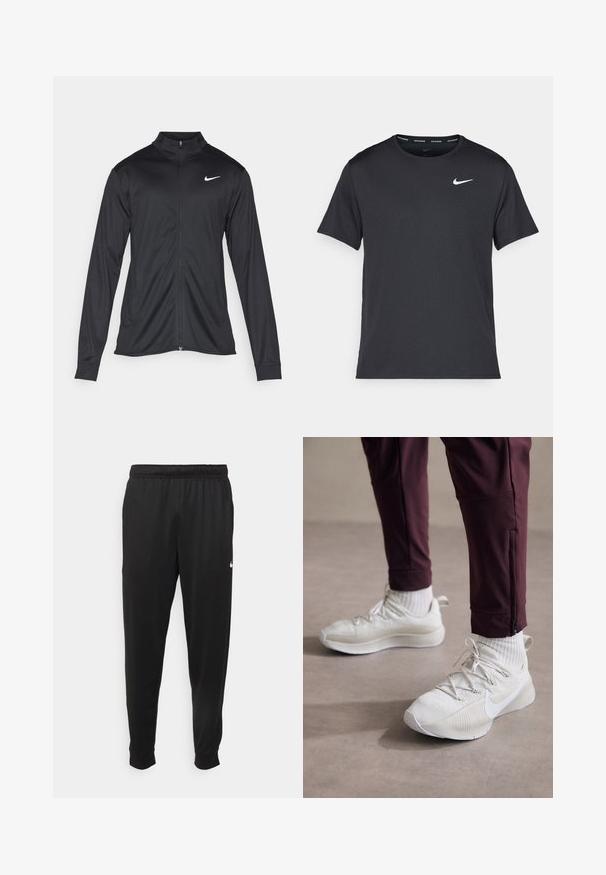 Schwarze Sportjacke mit langen Ärmeln, Kragen und voller Reißverschluss. Verfügt über ein dezentes Nike-Logo in Weiß auf der oberen linken Brust. Glatte Textur.; Schwarzes Nike Lauft-Shirt aus leichtem, atmungsaktivem Material, mit kurzen Ärmeln und einem kleinen weißen Logo auf der Brust.; Schwarze Sporthosen aus glattem Stoff, mit einem elastischen Bund, schmal zulaufenden Beinen und einem kleinen weißen Logo auf der linken Seite.; Weiße Sportschuhe mit strukturierter Oberfläche, ausgestattet mit grauen Akzenten, flachen Schnürsenkeln und dem Nike-Logo, kombiniert mit bordeauxroten Sporthosen und weißen Socken.