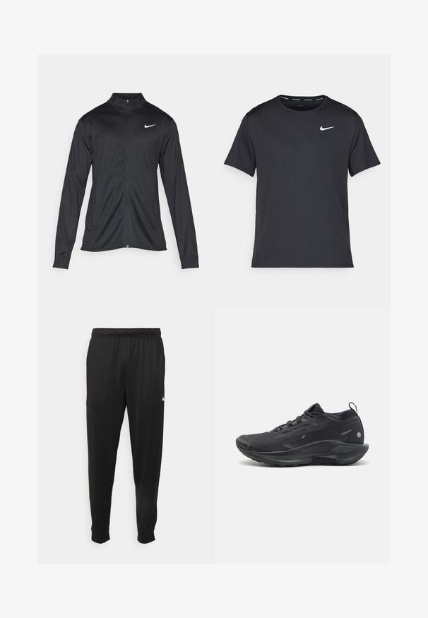 Jachetă sportivă neagră cu mâneci lungi, guler și fermoar complet. Prezintă un logo Nike subtil, alb, pe pieptul din stânga sus. Textură netedă.; Tricou de alergare Nike negru, fabricat dintr-un material ușor și respirabil, cu mâneci scurte și un mic logo alb pe piept.; Pantaloni sportivi negri dintr-o țesătură netedă, cu un elastic la brâu, picioare conice și un mic logo alb pe partea stângă.; Pantofii sport negri au un superior din plasă texturată, cu sistem de șireturi integrat și o talpă amortizată. Prezintă un branding subtil și un tab de prindere pe călcâi.