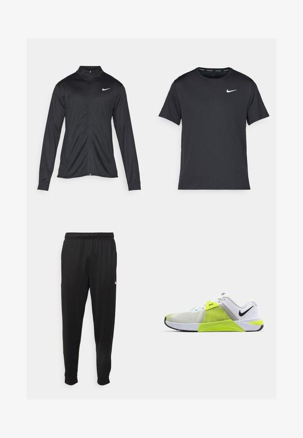 Black athletic jacket with long sleeves, collar, and full zipper. Features a subtle Nike logo in white on the upper left chest. Smooth texture.; Black Nike running T-shirt made of lightweight, breathable material, featuring short sleeves and a small white logo on the chest.; Black athletic pants made of smooth fabric, featuring an elastic waistband, tapered legs, and a small white logo on the left side.; White athletic shoe with a textured mesh upper, bright yellow accents, a cushioned midsole, and a black logo on the side.