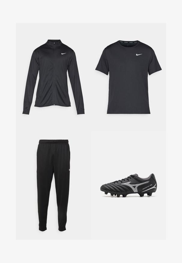 Black athletic jacket with long sleeves, collar, and full zipper. Features a subtle Nike logo in white on the upper left chest. Smooth texture.; Black Nike running T-shirt made of lightweight, breathable material, featuring short sleeves and a small white logo on the chest.; Black athletic pants made of smooth fabric, featuring an elastic waistband, tapered legs, and a small white logo on the left side.; Black soccer cleat with a textured synthetic upper, silver accents, and a lace-up design. Features a molded sole with visible studs for traction.