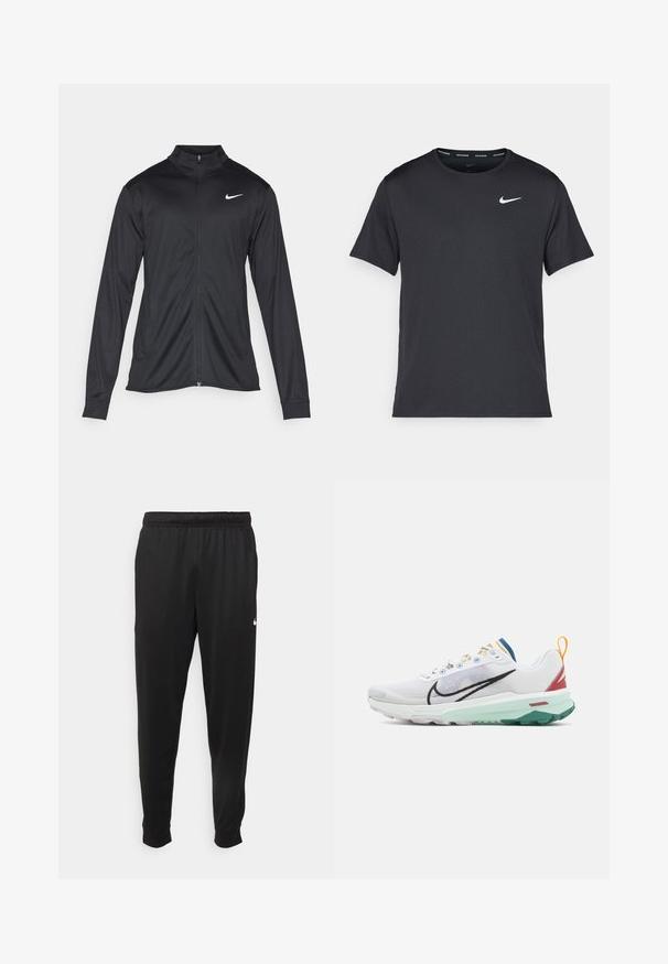 Giacca sportiva nera con maniche lunghe, colletto e zip completa. Presenta un logo Nike in bianco sulla parte superiore del lato sinistro del petto. Tessuto morbido.; Maglietta da corsa Nike nera realizzata in materiale leggero e traspirante, con maniche corte e un piccolo logo bianco sul petto.; Pantaloni sportivi neri realizzati in tessuto liscio, con una vita elastica, gambe affusolate e un piccolo logo bianco sul lato sinistro.; Nike Performance REACT TERRA KIGER 9 - Scarpe da trail running - white/black/court blue/cedar/alabaster