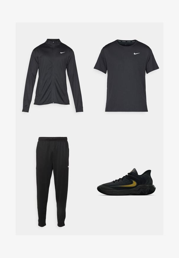 Musta urheilutakki pitkillä hihoilla, kauluksella ja kokonaisella vetoketjulla. Täydentää hienovarainen Nike-logo valkoisena vasemmassa ylärinnassa. Litteä pinta.; Musta Nike juoksupaita, joka on valmistettu kevyestä ja hengittävästä materiaalista. Paidassa on lyhyet hihnat ja pieni valkoinen logo rinnassa.; Mustat urheiluhousut, jotka on valmistettu sileästä kankaasta. Niissä on joustava vyötärö, kapenevat lahkeet ja pieni valkoinen logo vasemmalla puolella.; Musta ja tummanharmaa urheilukenkä mustilla nauhoilla ja kultaisella swoosh-logolla, jossa on aaltoileva pohjakuvio ja pehmustettu kantapään kaulus.