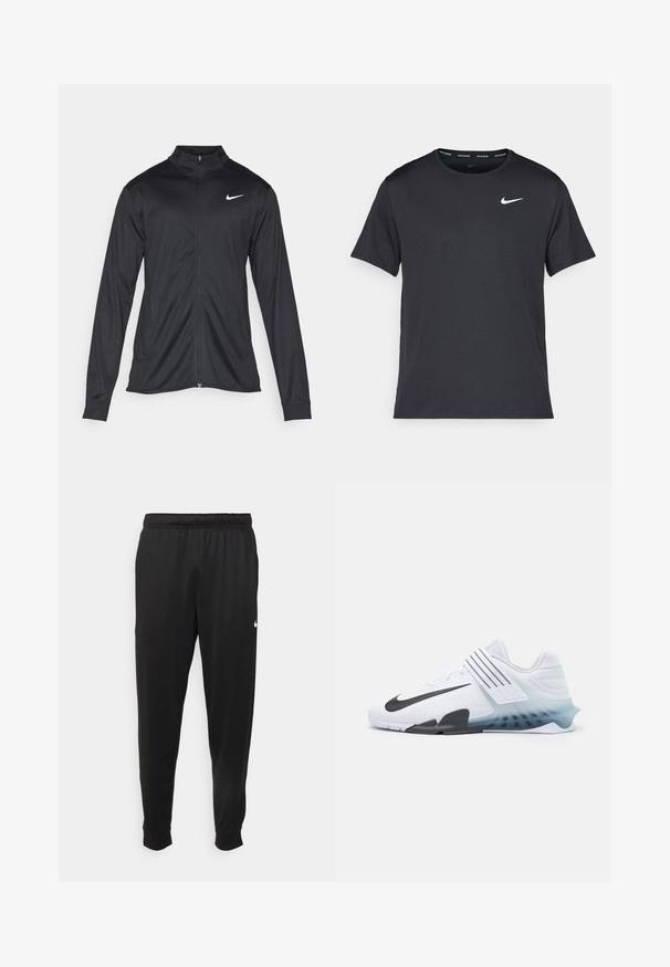 Jachetă sportivă neagră cu mâneci lungi, guler și fermoar complet. Prezintă un logo Nike subtil, alb, pe pieptul din stânga sus. Textură netedă.; Tricou de alergare Nike negru, fabricat dintr-un material ușor și respirabil, cu mâneci scurte și un mic logo alb pe piept.; Pantaloni sportivi negri dintr-o țesătură netedă, cu un elastic la brâu, picioare conice și un mic logo alb pe partea stângă.; Pantof de sport alb cu emblemă Nike neagră, partea superioară din plasă, trei dungi negre și o talpă cu gradient de la albastru la transparent. Dispune de accente întărite.