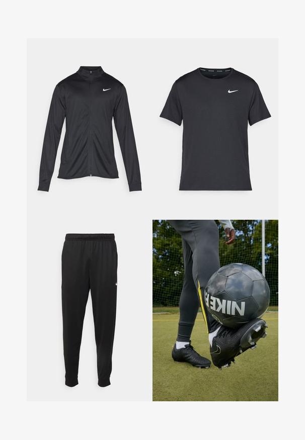 Must värvi sportlik jakk pikkade varrukatega, krae ja täispikk tõmblukk. Ülemises vasakus rinnas on diskreetne valge Nike logo. Sile tekstuur.; Mustamust Nike'i jooksupaita, mis on valmistatud kergest ja hingavast materjalist, lühikeste varrukatega ja mille rinnal on väike valge logo.; Mustad mustekad athletic-püksid sujuvast kangast, elastse vöökoha, kitsenevate jalgade ja väikese valge logoga vasakul küljel.; Mustad mustapallomängu saapad rohelisel murul, puhkamise ajal musta jalgpalli peal, millel on valged kirjad. Hallid sportlikud püksid, millel on kollased külgtriibud.