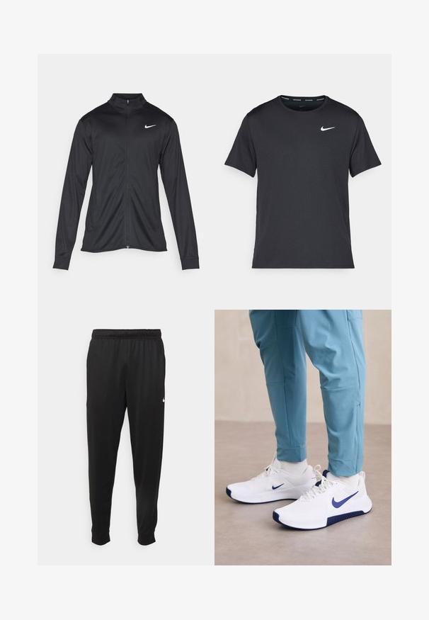 Svart idrettsjakke med lange ermer, krage og full glidelås. Har en subtil Nike-logo i hvitt på øvre venstre bryst. Glatt tekstur.; Svart Nike løpe-T-skjorte laget av lett, pustende stoff, med korte ermer og en liten hvit logo på brystet.; Svarte treningsbukser laget av glatt stoff, med elastisk midje, smale ben og en liten hvit logo på venstre side.; Hvite joggesko med en blå Nike swoosh, teksturert overdel og blå detaljer på sålen er kombinert med lyseblå treningbukser.