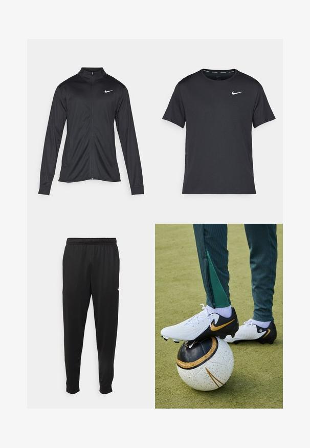 Jachetă sportivă neagră cu mâneci lungi, guler și fermoar complet. Prezintă un logo Nike subtil, alb, pe pieptul din stânga sus. Textură netedă.; Tricou de alergare Nike negru, fabricat dintr-un material ușor și respirabil, cu mâneci scurte și un mic logo alb pe piept.; Pantaloni sportivi negri dintr-o țesătură netedă, cu un elastic la brâu, picioare conice și un mic logo alb pe partea stângă.; Ghete de fotbal Nike, albe și negre cu un swoosh auriu, așezate pe o minge de fotbal alb-negru cu accente stropite. Pantaloni sport verzi vizibili.