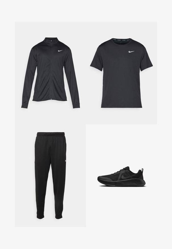 Svart idrettsjakke med lange ermer, krage og full glidelås. Har en subtil Nike-logo i hvitt på øvre venstre bryst. Glatt tekstur.; Svart Nike løpe-T-skjorte laget av lett, pustende stoff, med korte ermer og en liten hvit logo på brystet.; Svarte treningsbukser laget av glatt stoff, med elastisk midje, smale ben og en liten hvit logo på venstre side.; Svarte treningssko med mesh-overdel, teksturerte detaljer, polstret krage og gummisåle med et karakteristisk mønster.