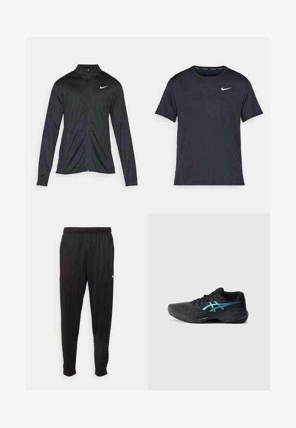Črna atletska jakna z dolgimi rokavi, ovratnikom in polnim zadrgo. Vključuje diskreten bel Nike logotip na zgornjem levem delu prsnega koša. Gladka tekstura.; Črna tekaška majica Nike, izdelana iz lahkega in zračnega materiala, z kratkimi rokavi in majhnim belim logotipom na prsih.; Črne športne hlače iz gladkega materiala, z elastičnim pasom, zoženimi hlačnicami in majhnim belim logotipom na levi strani.; Črne atletske čevlje z modrim logotipom na strani, z vezalkami spredaj in teksturiranim podplatom za oprijem, prikazane na enobarvni beli podlagi.