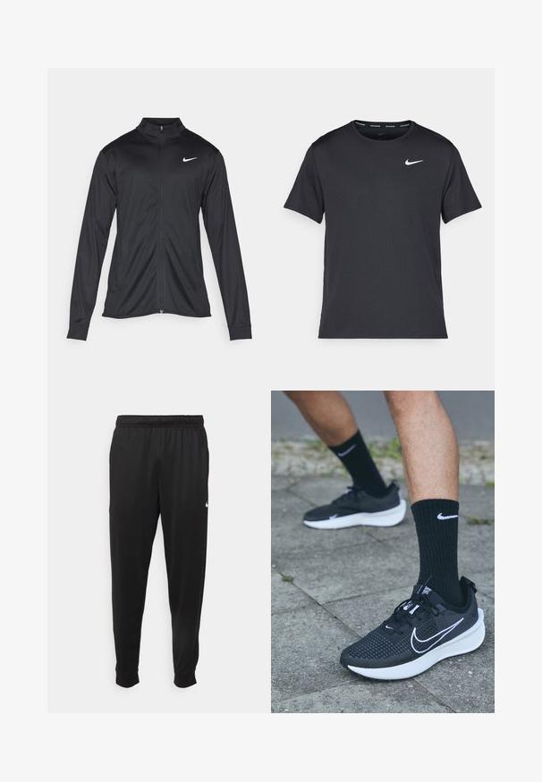 Schwarze Sportjacke mit langen Ärmeln, Kragen und voller Reißverschluss. Verfügt über ein dezentes Nike-Logo in Weiß auf der oberen linken Brust. Glatte Textur.; Schwarzes Nike Lauft-Shirt aus leichtem, atmungsaktivem Material, mit kurzen Ärmeln und einem kleinen weißen Logo auf der Brust.; Schwarze Sporthosen aus glattem Stoff, mit einem elastischen Bund, schmal zulaufenden Beinen und einem kleinen weißen Logo auf der linken Seite.; Nike Performance INTERACT RUN - Laufschuh Trail - black/white/anthracite