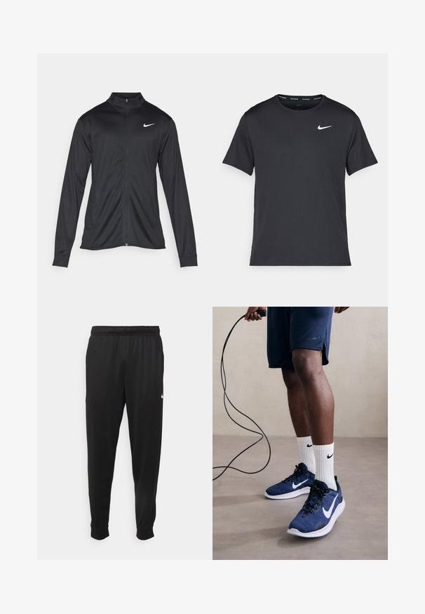 Jacket desportivo preto com mangas longas, colarinho e fecho zip completo. Apresenta um discreto logotipo da Nike em branco na parte superior do lado esquerdo do peito. Textura suave.; T-shirt de corrida Nike preto, feito de material leve e respirável, com mangas curtas e um pequeno logo branco no peito.; Calças de desporto pretas feitas de tecido suave, com uma cintura elástica, pernas ajustadas e um pequeno logo branco no lado esquerdo.; Nike Performance FLEX EXPERIENCE RUN 12 - Sapatos para corrida em estrada - astronomy blue/white/black/hyper crimson