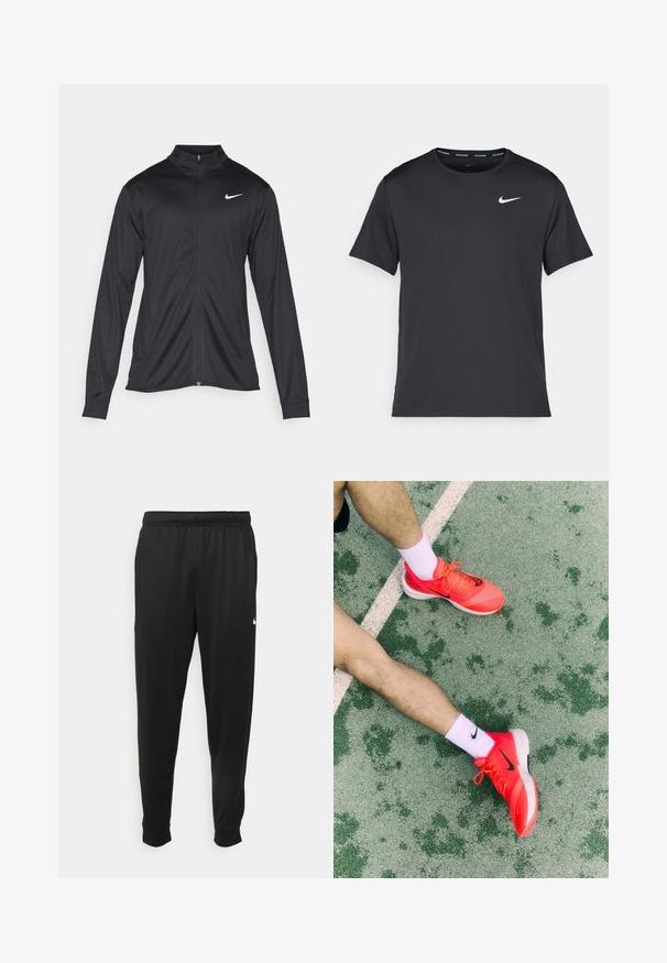 Svart idrottsjacka med långa ärmar, krage och full dragkedja. Har en diskret Nike-logga i vitt på övre vänstra bröstet. Slät yta.; Svart Nike löpeshirt i lätt, andningsbart material, med korta ärmar och en liten vit logotyp på bröstet.; Svarta träningsbyxor i slät tyg, med elastisk midja, avsmalnande ben och en liten vit logotyp på vänster sida.; Nike löparskor med en lysande orange nätöverdel och svart swoosh, parat med vita knähöga strumpor, på en strukturerad grön yta.