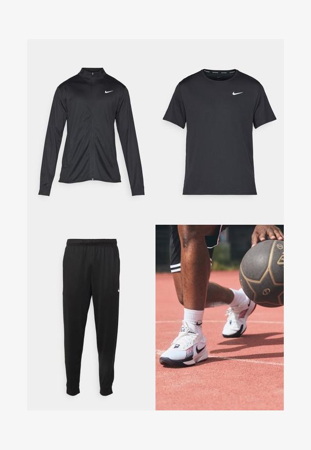 Juodas sportinis švarkas su ilgomis rankovėmis, apykakle ir pilnu užtrauktuku. Yra subtilus baltas Nike logotipas kairėje krūtinės pusėje. Lygus tekstūra.; Juodas Nike bėgimo marškinėlis, pagamintas iš lengvos, kvėpuojančios medžiagos, turintis trumpas rankoves ir mažą baltą logotipą ant krūtinės.; Juodi sportiniai kelnės, pagamintos iš lygaus audinio, turinčios elastinę juosmenį, siaurėjantys sijonai ir mažas baltas logotipas kairėje pusėje.; Baltos sportiniai batai su juodais ir raudonais akcentais, turintys tekstūruotą viršutinę dalį ir išskirtinį swoosh logotipą, vilkimi ant aikštelės su krepšiniu.