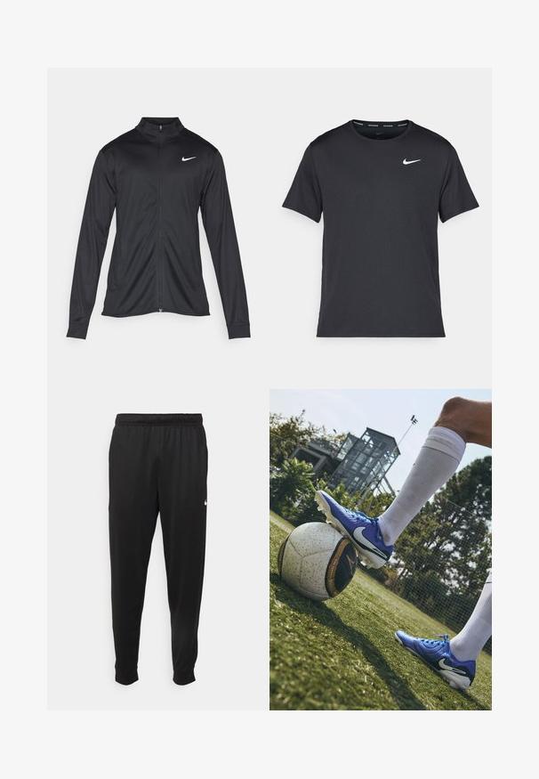 Fekete sportdzseki hosszú ujjal, gallérral és teljes cipzárral. Diszkrét fehér Nike logóval az upper bal mellen. Sima textúra.; Fekete Nike futó póló, könnyű, légáteresztő anyagból készült, rövid ujjú, és a mellkasán egy kicsi fehér logó található.; Fekete sportos nadrág sima anyagból, rugalmas derékkal, szűkülő lábakkal és egy kis fehér logóval a bal oldalon.; Nike focicipő kék színben, texturált szintetikus felsőrész fehér részletekkel, egy mintás fekete-fehér focilabdán, zöld fűre helyezve.