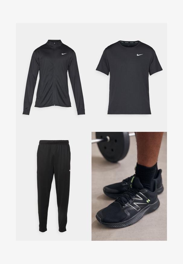 Schwarze Sportjacke mit langen Ärmeln, Kragen und voller Reißverschluss. Verfügt über ein dezentes Nike-Logo in Weiß auf der oberen linken Brust. Glatte Textur.; Schwarzes Nike Lauft-Shirt aus leichtem, atmungsaktivem Material, mit kurzen Ärmeln und einem kleinen weißen Logo auf der Brust.; Schwarze Sporthosen aus glattem Stoff, mit einem elastischen Bund, schmal zulaufenden Beinen und einem kleinen weißen Logo auf der linken Seite.; Schwarze Sportschuhe aus Mesh und synthetischen Materialien, mit reflektierenden Akzenten und einer Gummisohle mit strukturiertem Grip.