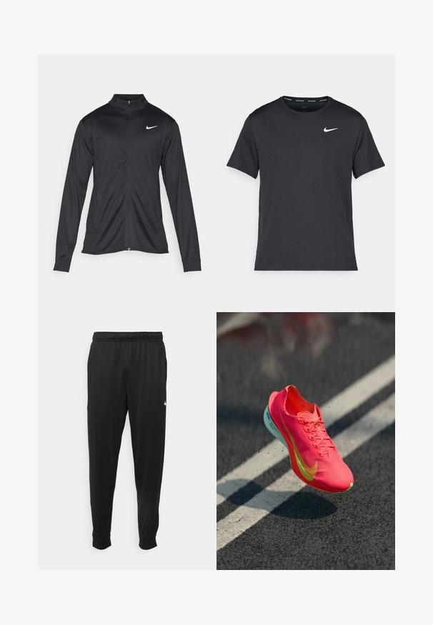 Black athletic jacket with long sleeves, collar, and full zipper. Features a subtle Nike logo in white on the upper left chest. Smooth texture.; Black Nike running T-shirt made of lightweight, breathable material, featuring short sleeves and a small white logo on the chest.; Black athletic pants made of smooth fabric, featuring an elastic waistband, tapered legs, and a small white logo on the left side.; Bright pink running shoe with a textured upper, yellow accents, and a lightweight sole, showing a slight bounce off a dark surface.