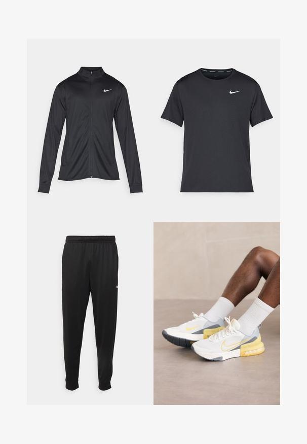 Crna sportska jakna s dugim rukavima, ovratnikom i punim patentnim zatvaračem. Ima suptilan Nike logo u bijeloj boji na gornjem lijevom dijelu prsne oznake. Glatka tekstura.; Crna Nike majica za trčanje napravljena od laganog, prozračnog materijala, s kratkim rukavima i malim bijelim logotipom na prsima.; Crne atletske hlače od glatkog materijala, s elastičnom pasicom, sužavajućim nogavicama i malim bijelim logom na lijevoj strani.; Bijele mrežaste atletske tenisice s sivim i žutim naglasima, koje imaju teksturiranu potplat i prepoznatljiv Nikeov swoosh logo.