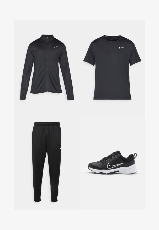 Jacket desportivo preto com mangas longas, colarinho e fecho zip completo. Apresenta um discreto logotipo da Nike em branco na parte superior do lado esquerdo do peito. Textura suave.; T-shirt de corrida Nike preto, feito de material leve e respirável, com mangas curtas e um pequeno logo branco no peito.; Calças de desporto pretas feitas de tecido suave, com uma cintura elástica, pernas ajustadas e um pequeno logo branco no lado esquerdo.; Sapatilha atlética preta com parte superior em couro e têxtil, entressola branca, sola preta, colarinho acolchoado, fecho com atacadores e um detalhe de logótipo branco.