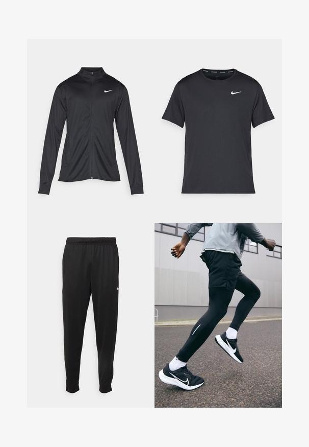 Black athletic jacket with long sleeves, collar, and full zipper. Features a subtle Nike logo in white on the upper left chest. Smooth texture.; Black Nike running T-shirt made of lightweight, breathable material, featuring short sleeves and a small white logo on the chest.; Black athletic pants made of smooth fabric, featuring an elastic waistband, tapered legs, and a small white logo on the left side.; Black athletic shorts over black leggings, paired with black and white running shoes, featuring reflective accents and a smooth texture.