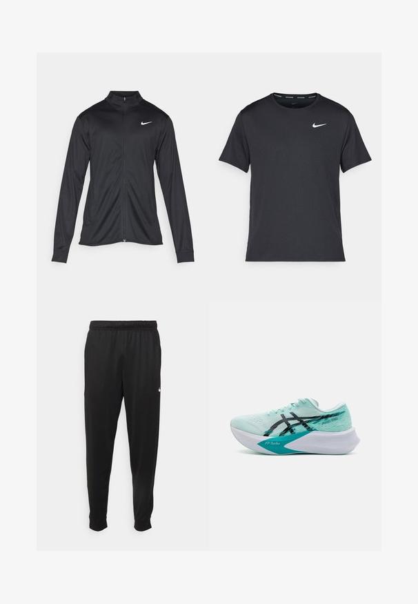 Must värvi sportlik jakk pikkade varrukatega, krae ja täispikk tõmblukk. Ülemises vasakus rinnas on diskreetne valge Nike logo. Sile tekstuur.; Mustamust Nike'i jooksupaita, mis on valmistatud kergest ja hingavast materjalist, lühikeste varrukatega ja mille rinnal on väike valge logo.; Mustad mustekad athletic-püksid sujuvast kangast, elastse vöökoha, kitsenevate jalgade ja väikese valge logoga vasakul küljel.; Heledat sinine jooksujalats, millel on võrkmaterjalist ülemine osa, mustad aktsendid ja eristuv kaarjas valge vaheosa, millel on silt "FFTurbo." Omab tekstuurilisi mustreid.