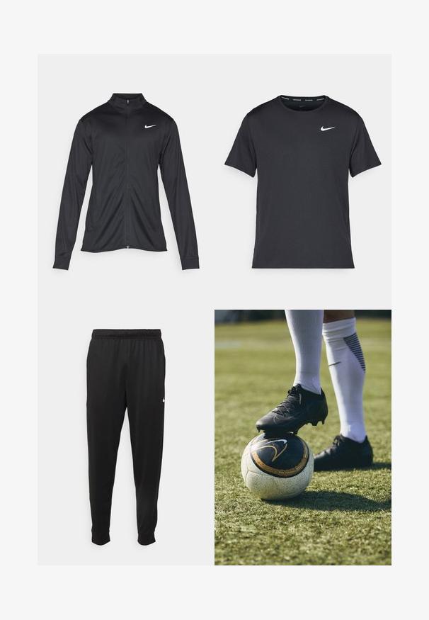Chaqueta atlética negra con mangas largas, collar y cremallera completa. Presenta un sutil logo de Nike en blanco en la parte superior izquierda del pecho. Textura suave.; Camiseta de running negra de Nike, hecha de material ligero y transpirable, con mangas cortas y un pequeño logo blanco en el pecho.; Pantalones deportivos negros de tejido suave, con cintura elástica, perneras ajustadas y un pequeño logotipo blanco en el lado izquierdo.; Botín de fútbol negro sobre un balón de fútbol con patrón blanco y negro, reposando sobre césped verde. El botín presenta un material texturizado y cordones.