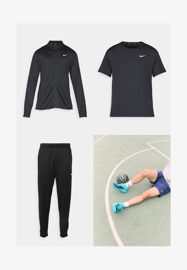 Fekete sportdzseki hosszú ujjal, gallérral és teljes cipzárral. Diszkrét fehér Nike logóval az upper bal mellen. Sima textúra.; Fekete Nike futó póló, könnyű, légáteresztő anyagból készült, rövid ujjú, és a mellkasán egy kicsi fehér logó található.; Fekete sportos nadrág sima anyagból, rugalmas derékkal, szűkülő lábakkal és egy kis fehér logóval a bal oldalon.; Törökzöld sportcipők fekete és kék részletekkel, rövidnadrág és fehér zoknik, egy zöld pályán ülve, mellette egy fekete kosárlabdával.