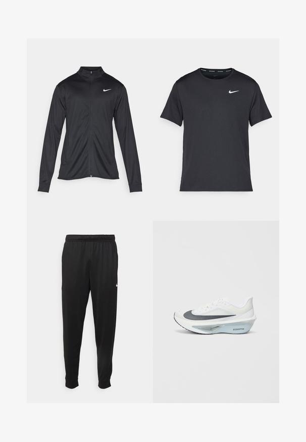 Černá sportovní bunda s dlouhými rukávy, límcem a plným zipem. Má decentní bílou logo značky Nike na horní levé části hrudi. Hladká textura.; Černé běžecké tričko Nike vyrobené z lehkého a prodyšného materiálu, s krátkými rukávy a malým bílým logem na hrudi.; Černé sportovní kalhoty vyrobené z hladké tkaniny, s elastickým pasem, zúženými nohavicemi a malým bílým logem na levé straně.; Bílé sportovní boty s šedou síťovinou, modrou střední vrstvou z pěny ZoomX a zakřivenou podešví pro lepší pohon a pohodlí.