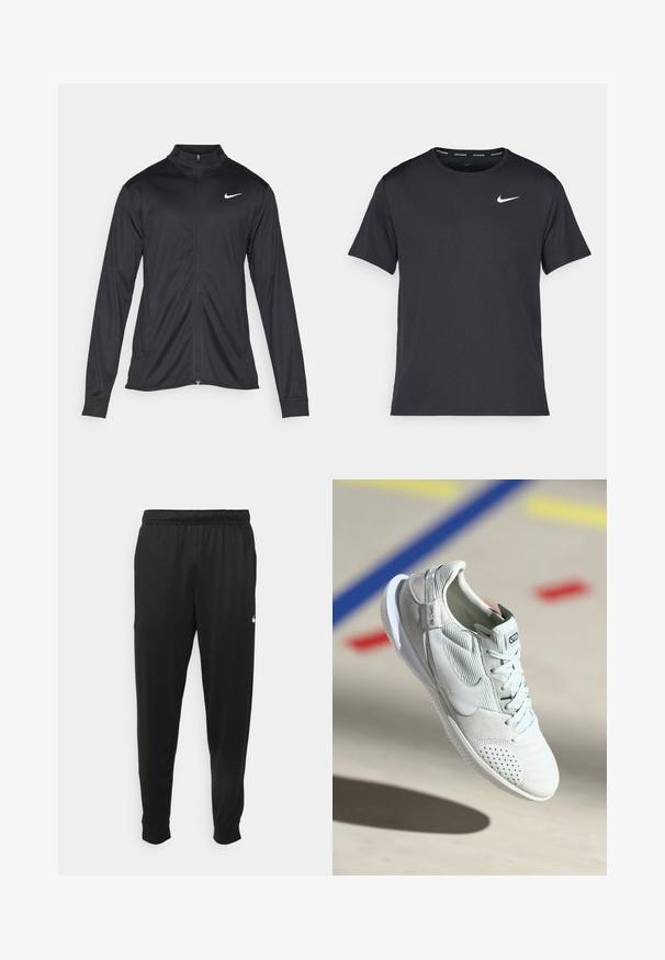Fekete sportdzseki hosszú ujjal, gallérral és teljes cipzárral. Diszkrét fehér Nike logóval az upper bal mellen. Sima textúra.; Fekete Nike futó póló, könnyű, légáteresztő anyagból készült, rövid ujjú, és a mellkasán egy kicsi fehér logó található.; Fekete sportos nadrág sima anyagból, rugalmas derékkal, szűkülő lábakkal és egy kis fehér logóval a bal oldalon.; Nike sneaker világosszürke színben, velúr és hálós textúrákkal, perforált részletekkel, fehér talppal és ezüst akcentussal a sarkán.