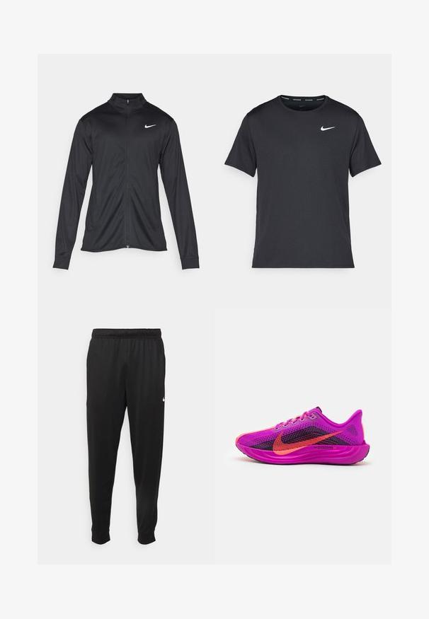 Must värvi sportlik jakk pikkade varrukatega, krae ja täispikk tõmblukk. Ülemises vasakus rinnas on diskreetne valge Nike logo. Sile tekstuur.; Mustamust Nike'i jooksupaita, mis on valmistatud kergest ja hingavast materjalist, lühikeste varrukatega ja mille rinnal on väike valge logo.; Mustad mustekad athletic-püksid sujuvast kangast, elastse vöökoha, kitsenevate jalgade ja väikese valge logoga vasakul küljel.; Nike ZoomX jooksusaapad erekorras roosa värviga, millel on musta võrkmaterjali detailid. Omavad lilla aktsente, ümmarguseid paelu ja tekstuuriga tallat, mis pakuvad haardet.