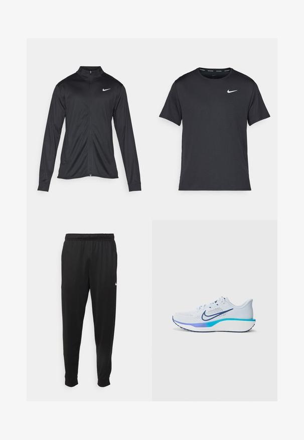 Črna atletska jakna z dolgimi rokavi, ovratnikom in polnim zadrgo. Vključuje diskreten bel Nike logotip na zgornjem levem delu prsnega koša. Gladka tekstura.; Črna tekaška majica Nike, izdelana iz lahkega in zračnega materiala, z kratkimi rokavi in majhnim belim logotipom na prsih.; Črne športne hlače iz gladkega materiala, z elastičnim pasom, zoženimi hlačnicami in majhnim belim logotipom na levi strani.; Svetlo modri tekaški čevlji z zračnim mrežastim zgornjim delom, belim podplatom in barvnimi poudarki v modri in akvalni barvi. Imajo izstopajoč logo v obliki kljukice.