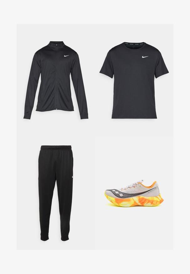Veste de sport noire à manches longues, avec col et fermeture éclair intégrale. Présente un logo Nike subtil en blanc sur le côté supérieur gauche de la poitrine. Texture lisse.; T-shirt de course noir Nike en matériau léger et respirant, avec des manches courtes et un petit logo blanc sur la poitrine.; Pantalon de sport noir en tissu lisse, avec une taille élastique, des jambes fuselées et un petit logo blanc sur le côté gauche.; Chaussure de course avec une tige en mesh gris, des accents noirs et une semelle brillante orange-jaune. Présente une semelle extérieure rembourrée et texturée pour une traction optimale.