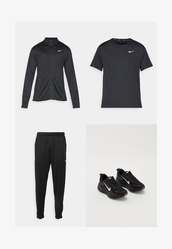 Black athletic jacket with long sleeves, collar, and full zipper. Features a subtle Nike logo in white on the upper left chest. Smooth texture.; Black Nike running T-shirt made of lightweight, breathable material, featuring short sleeves and a small white logo on the chest.; Black athletic pants made of smooth fabric, featuring an elastic waistband, tapered legs, and a small white logo on the left side.; Black athletic shoes with a breathable mesh upper, white Nike swoosh, textured sole, and contrasting brown accents. Includes reinforced heel.