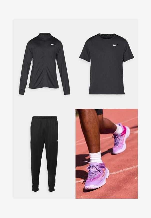 Melna sporta jaka ar garām piedurknēm, apkakli un pilnu rāvējslēdzēju. Uz kreisā krūts augšdaļas ir maigs Nike logo baltā krāsā. Gluda tekstūra.; Melna Nike skriešanas T-kreklā, kas izgatavots no viegla un elpojoša materiāla, ar īsām piedurknēm un mazu baltu logo uz krūtīm.; Melnas sporta bikses, kas izgatavotas no gludas auduma, ar elastīgu jostu, sašaurinošām kājām un mazu balto logo kreisajā pusē.; Nike Performance GIANNIS IMMORTALITY 4 - Basketbola apavi - black raspberry/aster pink/hot punch