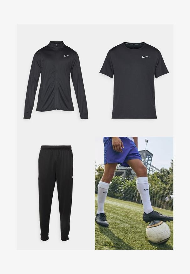 Schwarze Sportjacke mit langen Ärmeln, Kragen und voller Reißverschluss. Verfügt über ein dezentes Nike-Logo in Weiß auf der oberen linken Brust. Glatte Textur.; Schwarzes Nike Lauft-Shirt aus leichtem, atmungsaktivem Material, mit kurzen Ärmeln und einem kleinen weißen Logo auf der Brust.; Schwarze Sporthosen aus glattem Stoff, mit einem elastischen Bund, schmal zulaufenden Beinen und einem kleinen weißen Logo auf der linken Seite.; Schwarze Nike-Fußballschuhe liegen auf einem klassischen weißen Ball mit schwarzen Akzenten, getragen mit blauen Shorts und knielangen weißen Socken auf Gras.
