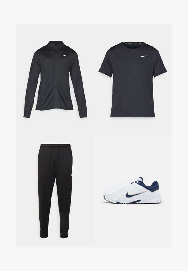 Sort atletisk jakke med lange ærmer, krave og fuld lynlås. Har et diskret Nike-logo i hvidt på den øverste venstre side af brystet. Glat tekstur.; Sort Nike løbe T-shirt lavet af let, åndbart materiale, med korte ærmer og et lille hvidt logo på brystet.; Sorte atletiske bukser lavet af glat stof, med elastisk talje, smalnende ben og et lille hvidt logo på venstre side.; Hvide sportsko med marineblå accenter, glat læderoverdel, polstret krave og perforerede detaljer. Har et fremtrædende sølv Nike-logo.